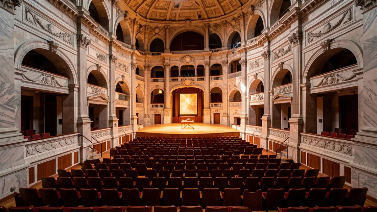 Imaxe xenérica dun auditorio baleiro en Galicia con iluminación de escenario.