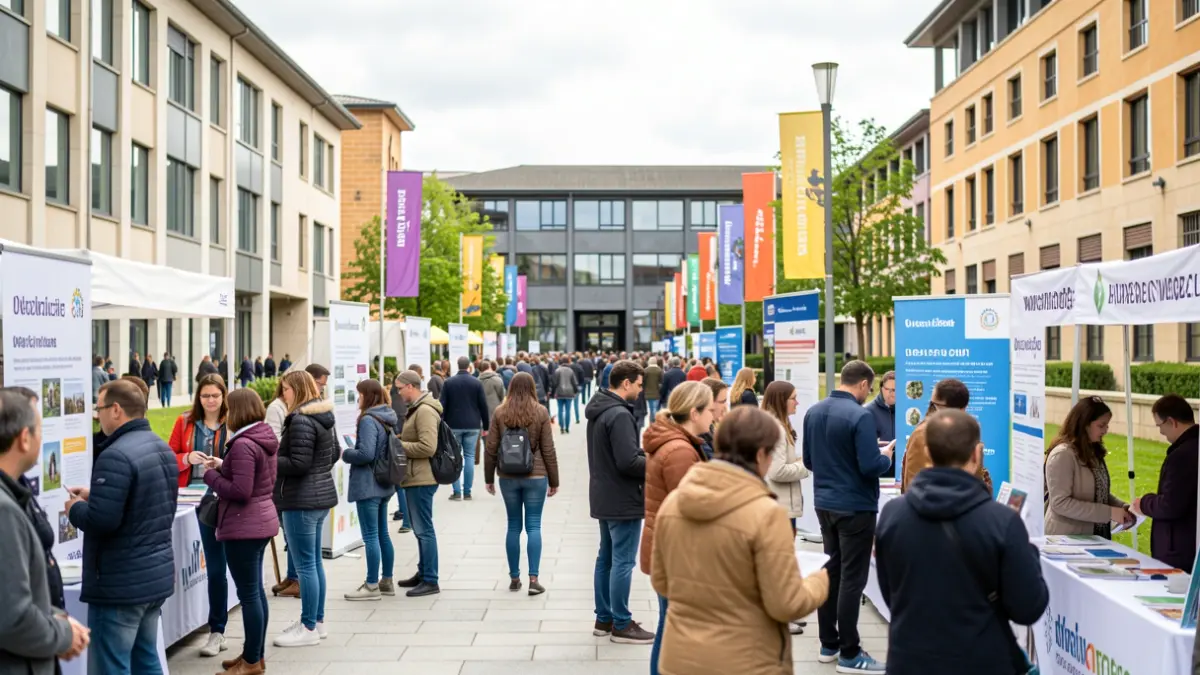 Imagen genérica de un campus universitario gallego con estudiantes y puestos informativos.