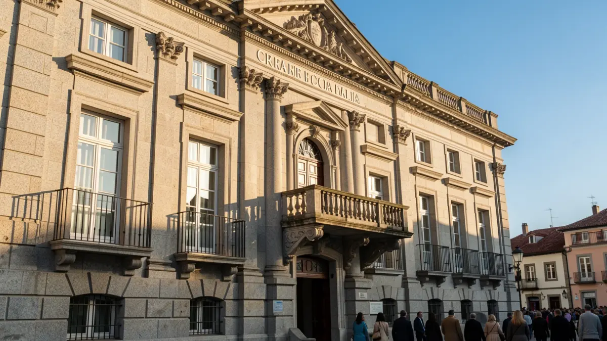 Imagen genérica de un ayuntamiento gallego de piedra con balcón ornamentado.