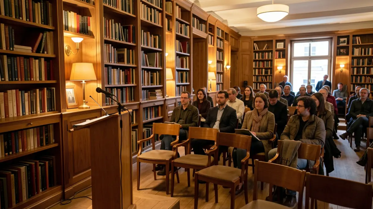 Imagen genérica de una sala de conferencias o biblioteca con ambiente acogedor.