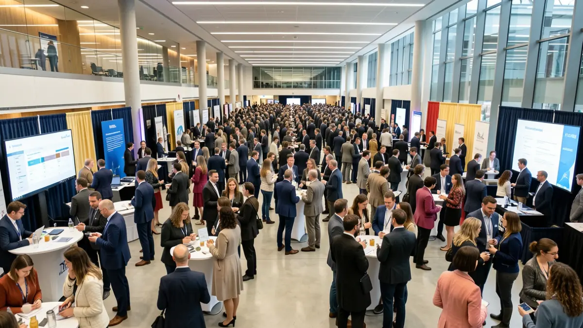Imagen genérica de una feria internacional de educación superior con asistentes y stands.