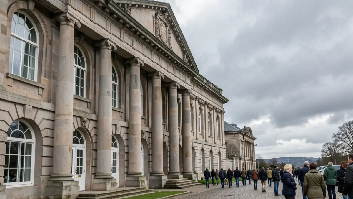 Imaxe xenérica dun edificio universitario de granito en Galicia baixo un ceo nubrado.