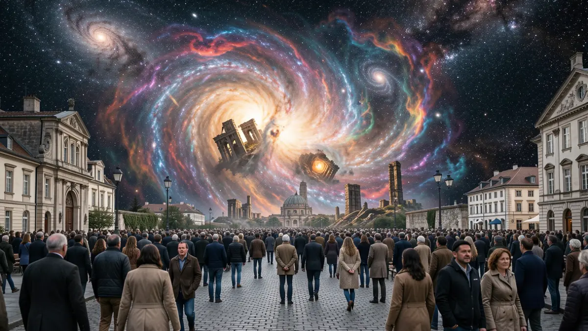 Imaxe xenérica de fusión galáctica con nebulosas e estruturas antigas.