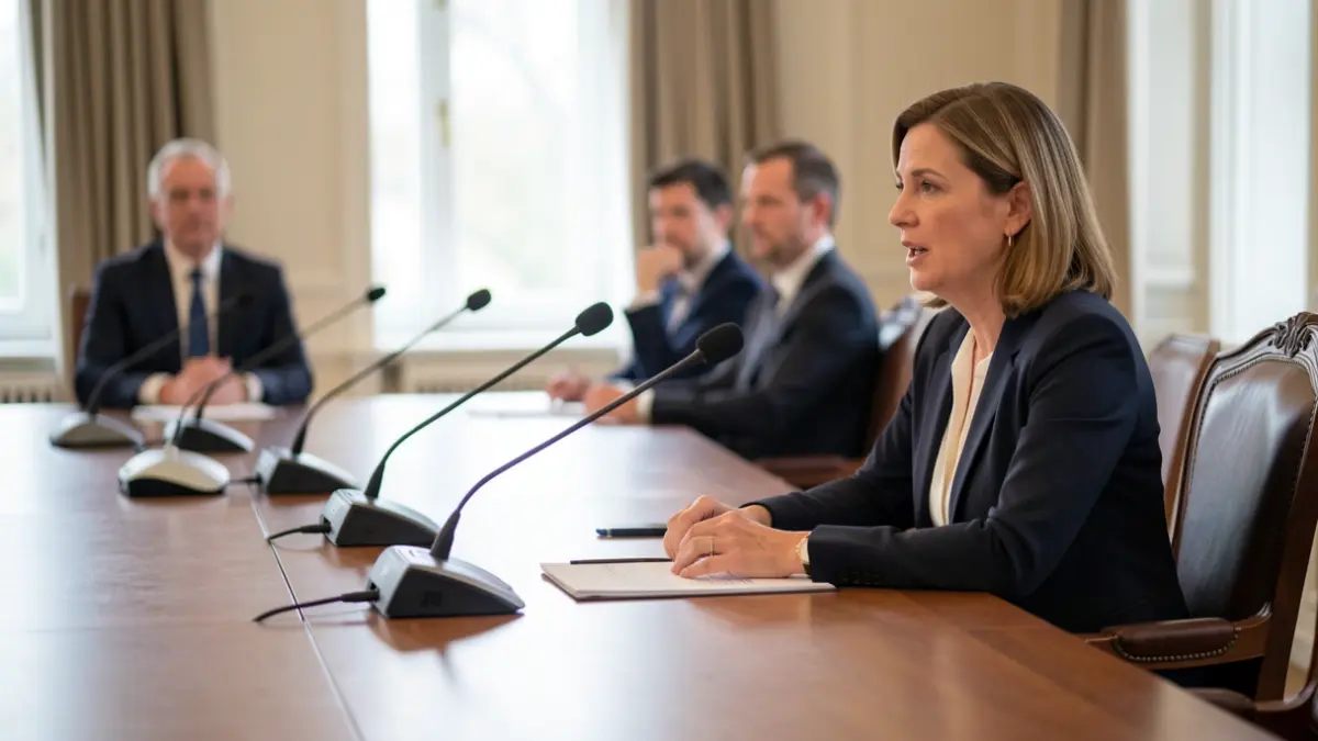Imaxe xenérica dunha sala de reunións con micrófonos e participantes.