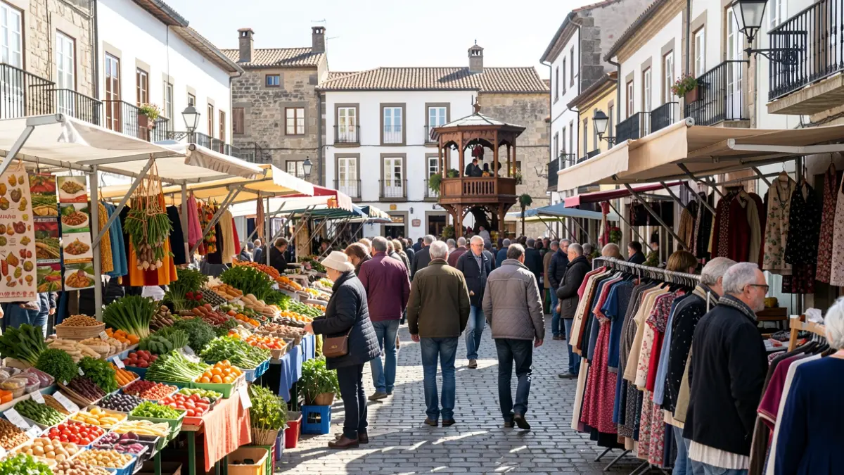 Imaxe dunha feira popular en Galicia con postos de comida, roupa e plantas.