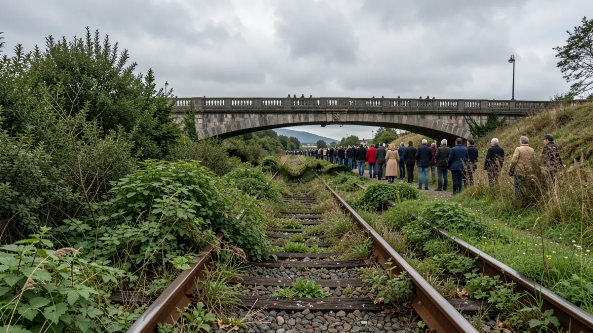 Imaxe xenérica dun tramo dunha antiga vía de tren abandonada con vexetación e unha ponte de pedra.