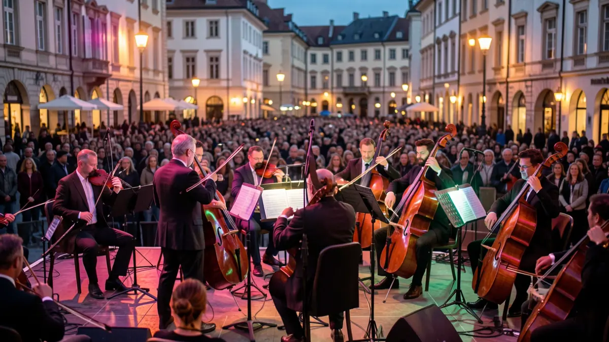 Imaxe xenérica dunha orquestra actuando nunha praza con luces de cores.