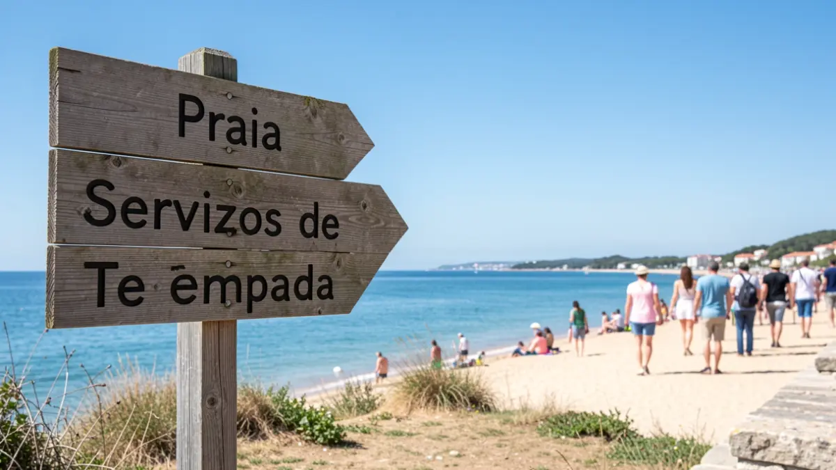 Imagen genérica de costa gallega con señalización de servicios de temporada.