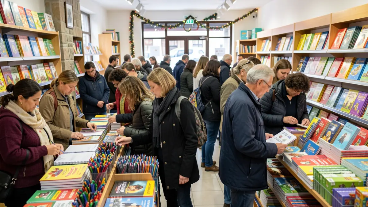 Imagen genérica de gente comprando material escolar en una tienda gallega con ambiente festivo.