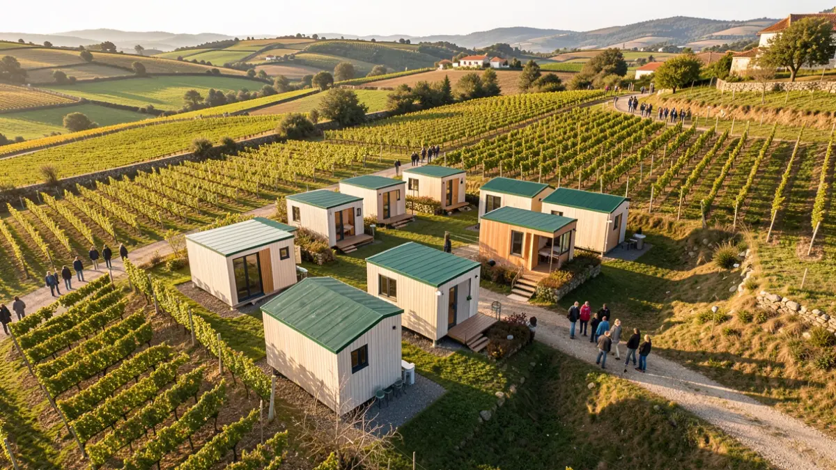 Vista aérea dun campamento turístico con cabanas de teito verde en Sober, Galicia.