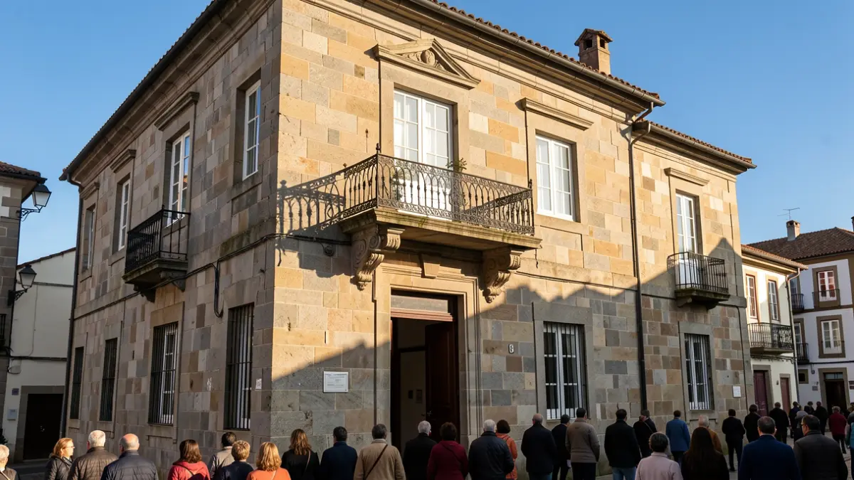 Imaxe xenérica dun concello galego de granito con balcón ornamentado e reixas de ferro, baixo a luz do sol da tarde.