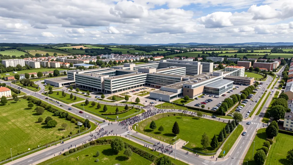 Vista aérea de un gran complejo hospitalario con espacios verdes y carreteras de acceso, bajo un cielo con nubes.