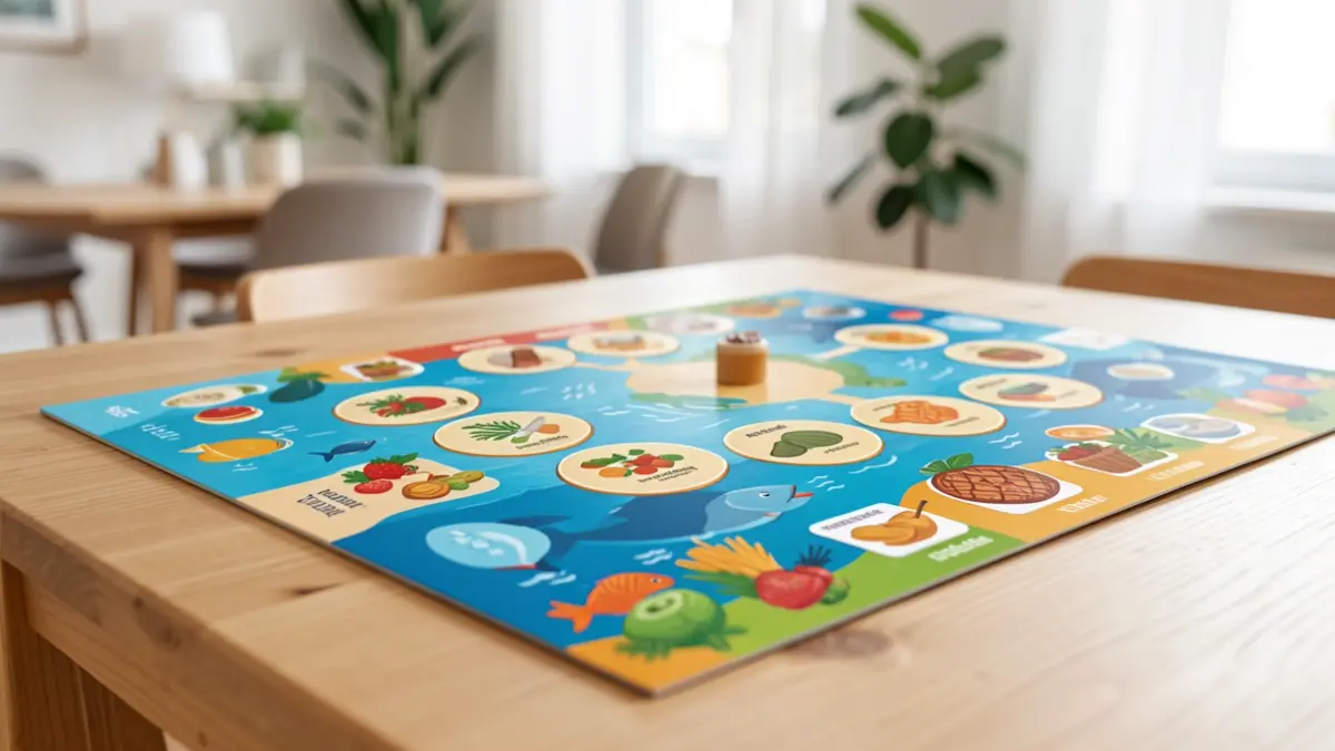 Imagen de un juego de mesa educativo sobre la dieta atlántica y el consumo de pescado.