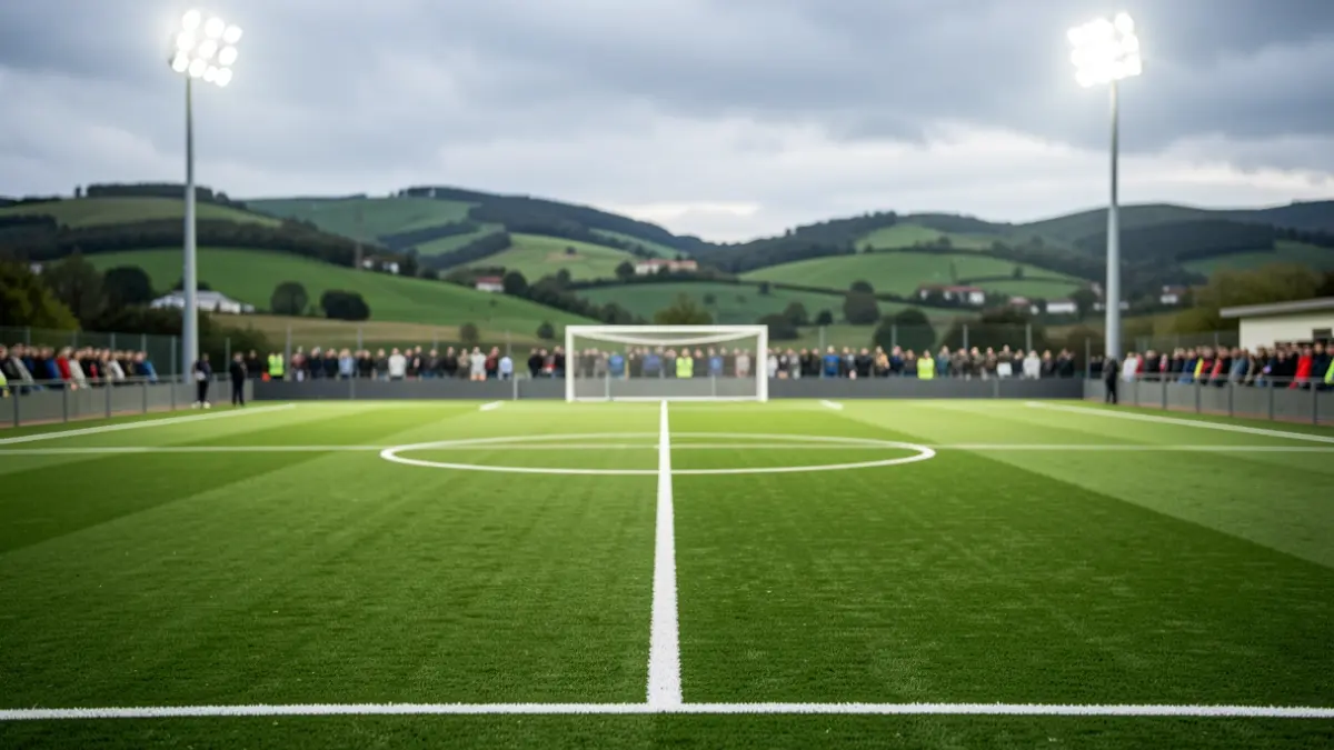 Imagen de un campo de fútbol de césped artificial con iluminación y gradas, en un entorno rural gallego.