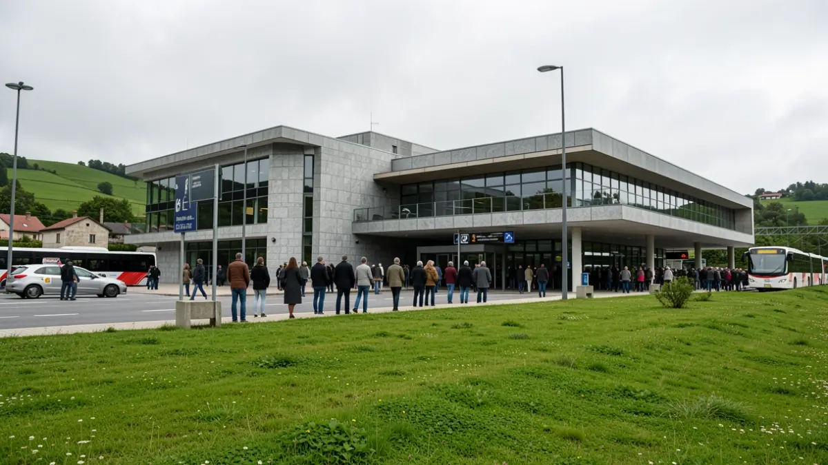 Imaxe xenérica dunha estación intermodal galega con arquitectura de granito e paisaxe verde.