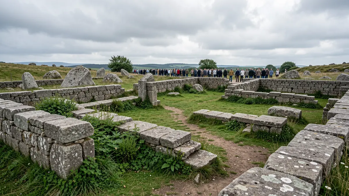 Imagen genérica de antiguas ruinas de piedra de un campamento militar romano, parcialmente cubiertas de vegetación verde, bajo un cielo nublado.