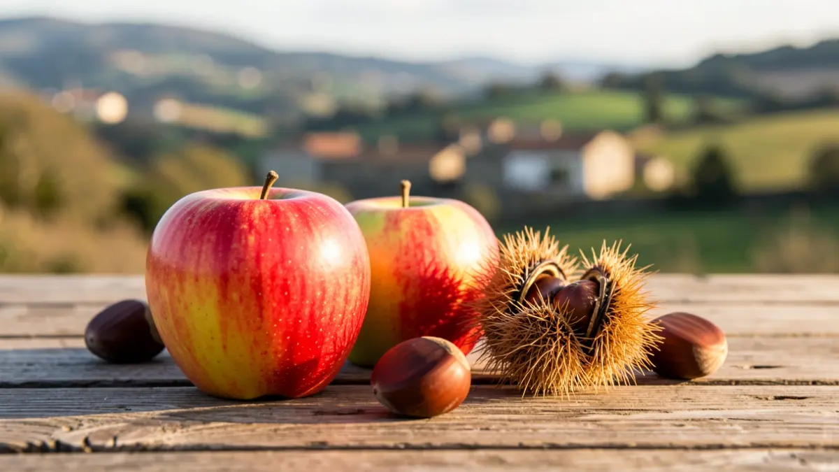 Imaxe simbólica da redución do desperdicio de alimentos en Galicia, con mazás e castañas frescas sobre unha mesa de madeira.