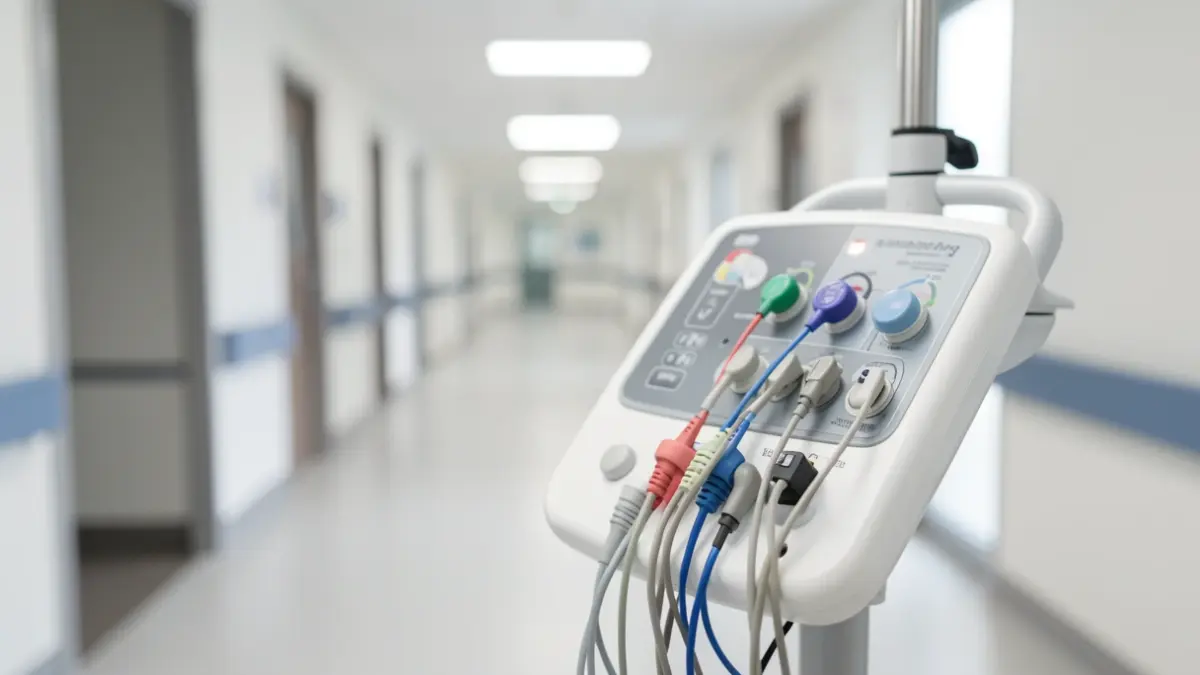 Primer plano de un dispositivo médico de monitorización cardíaca con tecnología avanzada.