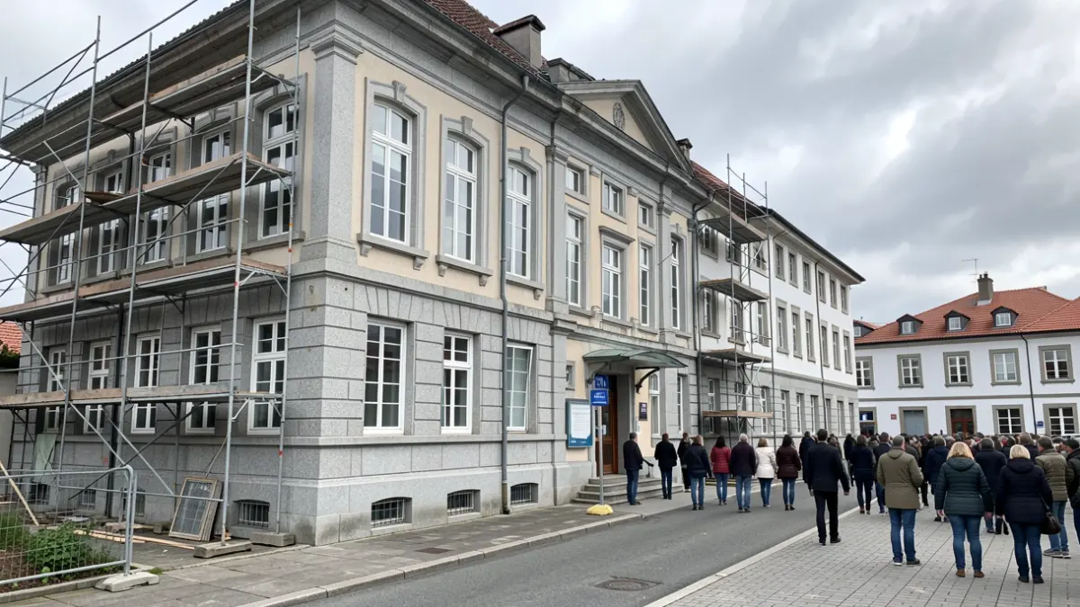 Imagen genérica de obras de rehabilitación en un colegio público gallego con detalles de granito.