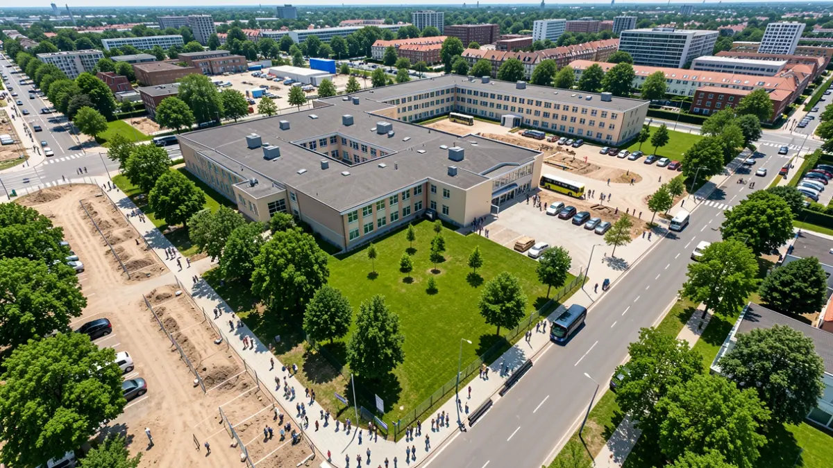 Vista aérea de un colegio con las obras de humanización e infraestructuras a su alrededor.