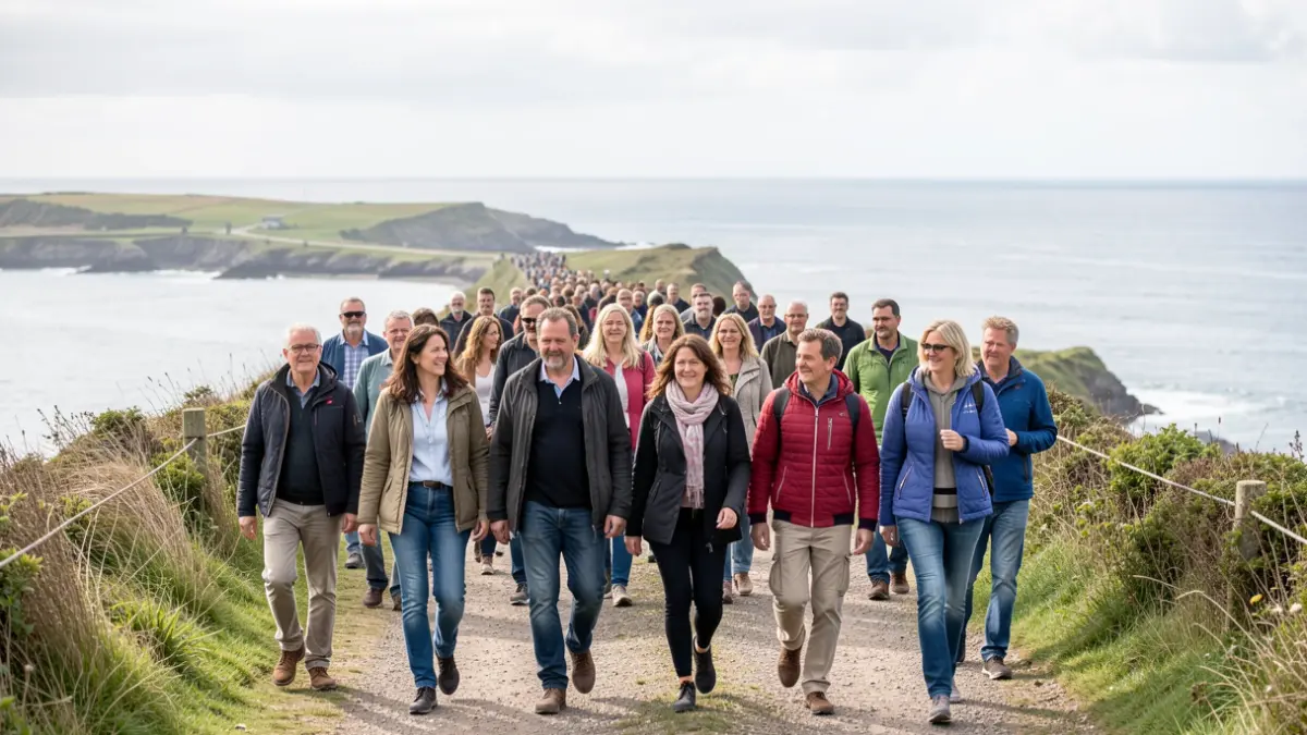 Imaxe xenérica de persoas camiñando nunha ruta costeira en Galicia.