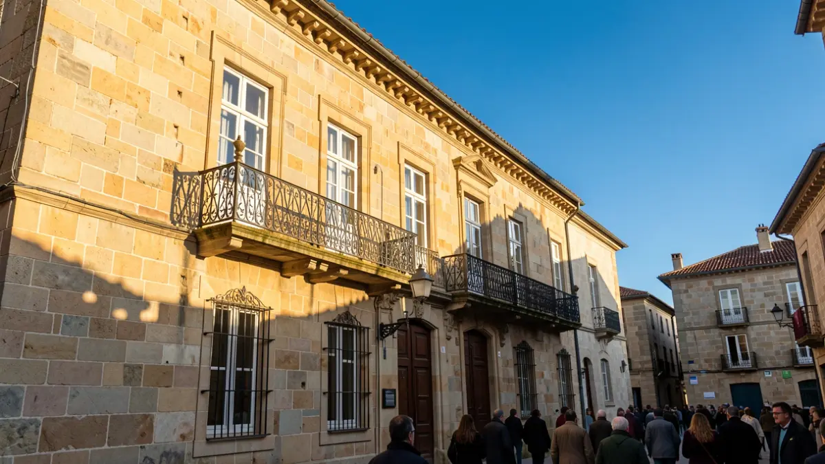 Imagen genérica de un ayuntamiento gallego con balcón y luz de tarde.