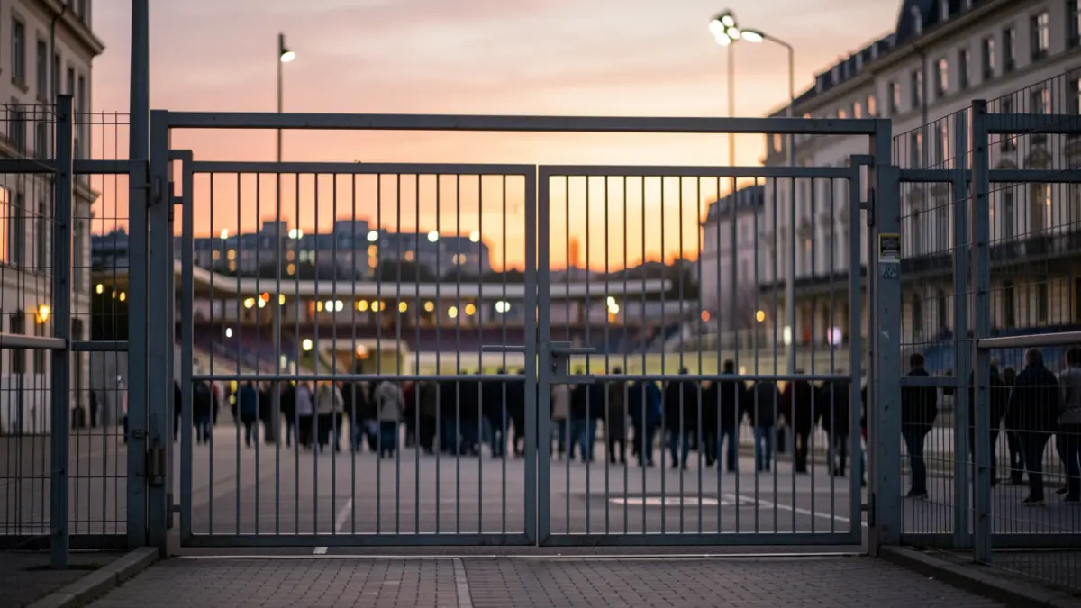 Imagen genérica de puertas de estadio de fútbol cerradas al atardecer.