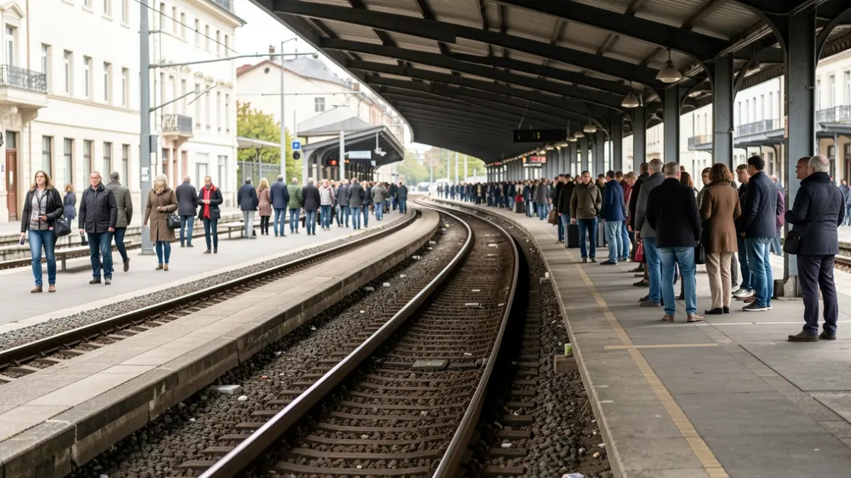 Imaxe xenérica dunha estación de tren con vías e andén baleiro.