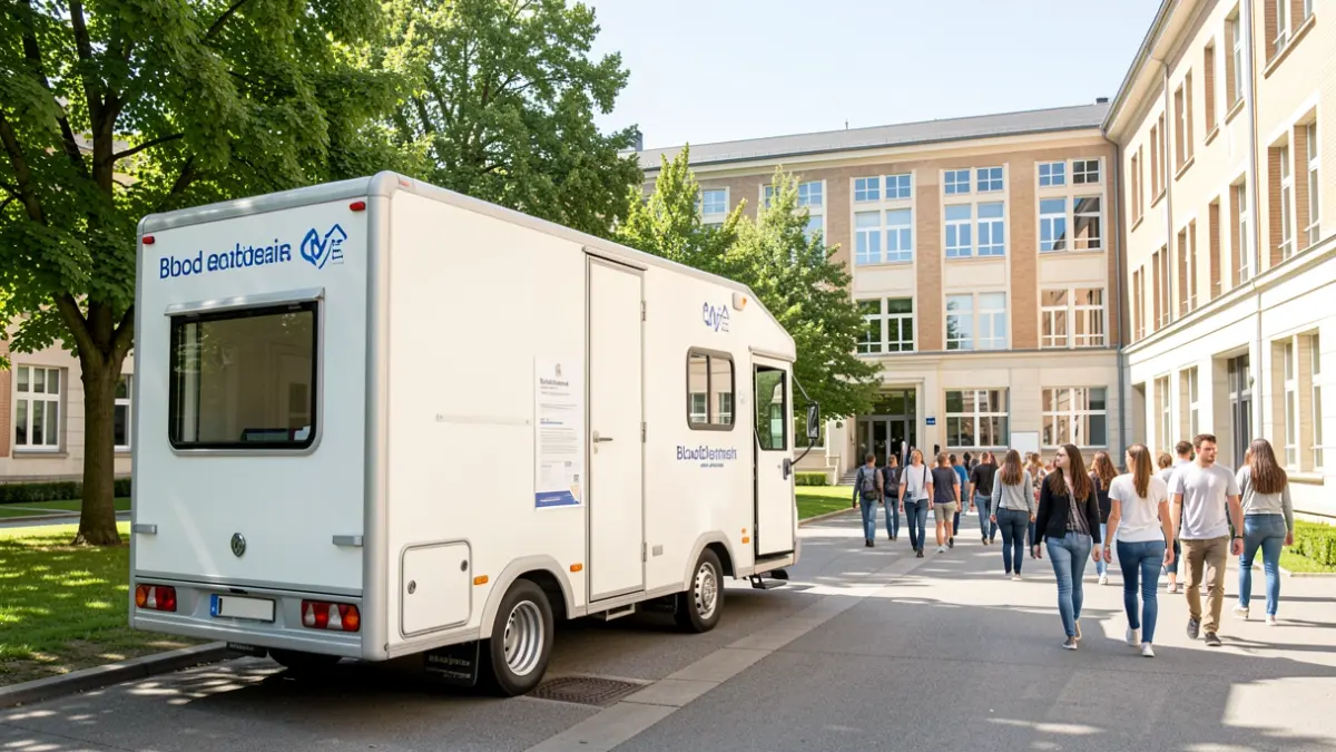 Unidad móvil de donación de sangre en un campus universitario.