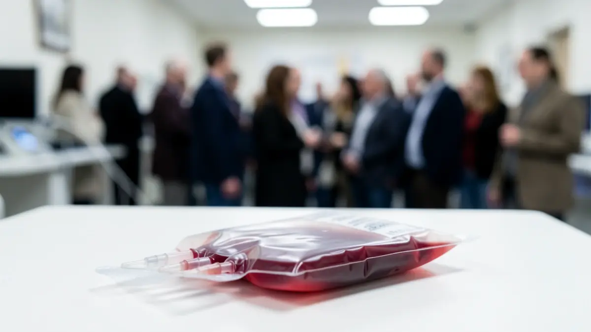 Imaxe dunha bolsa de plasma para doazón, cun fondo médico desenfocado.