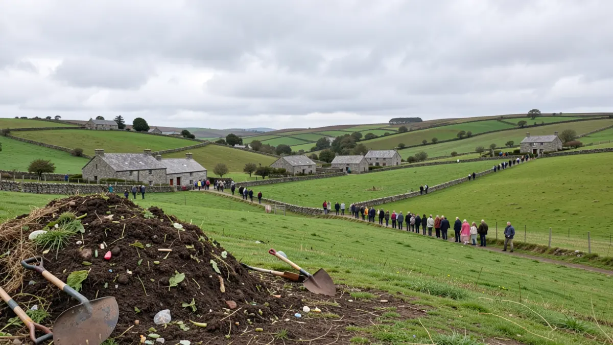 Imaxe dunha paisaxe rural galega con compost orgánico e ferramentas agrícolas, simbolizando a valorización de recursos.