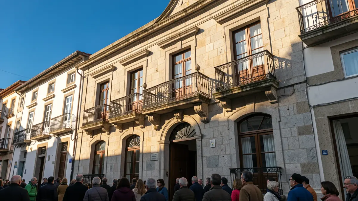 Imaxe xenérica dun concello galego de granito con balcóns ornamentados e reixas de ferro, luz solar cálida da tarde, ceo azul.