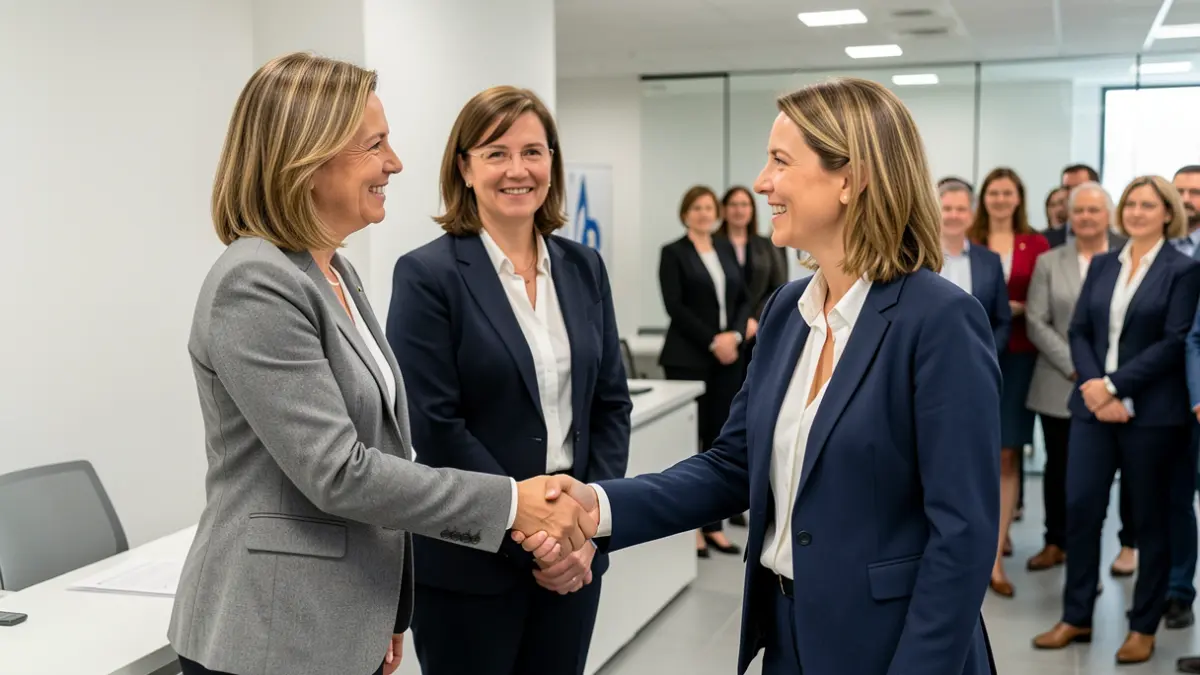 Dos mujeres representantes institucionales dan la bienvenida a la nueva directora de la AECT Galicia-Norte de Portugal.