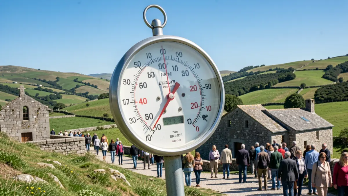 Imaxe xenérica dun termómetro cunha alta temperatura e unha paisaxe galega soleada.