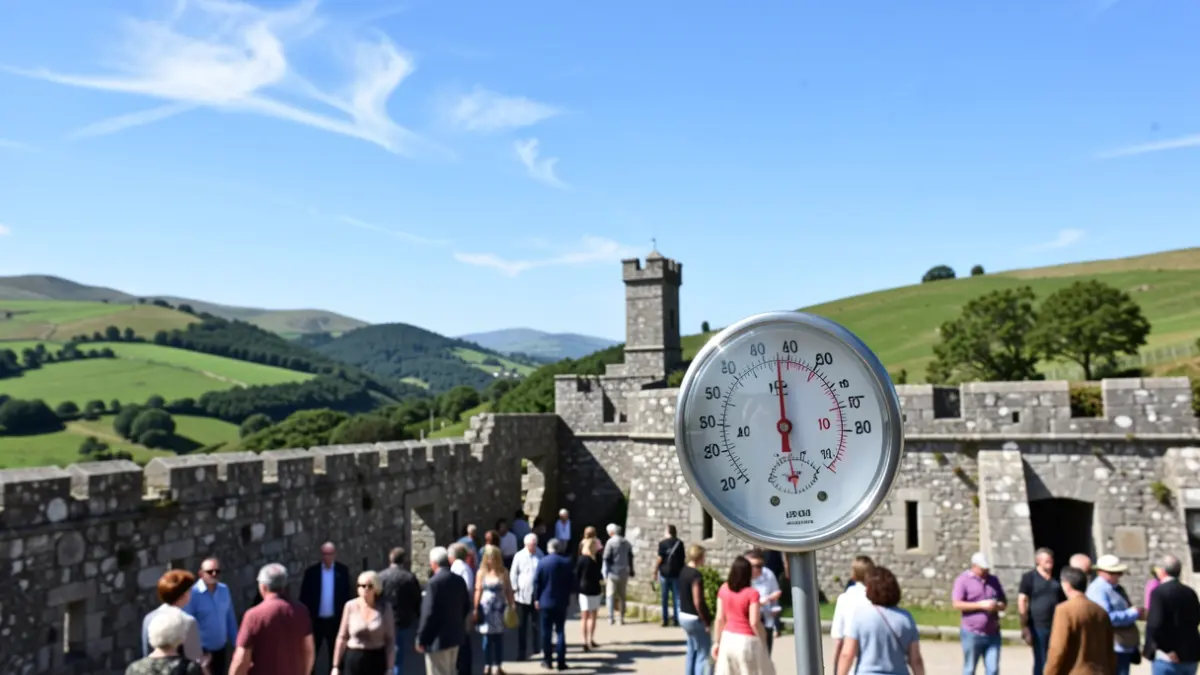 Imaxe xenérica de Galicia con termómetro marcando alta temperatura.