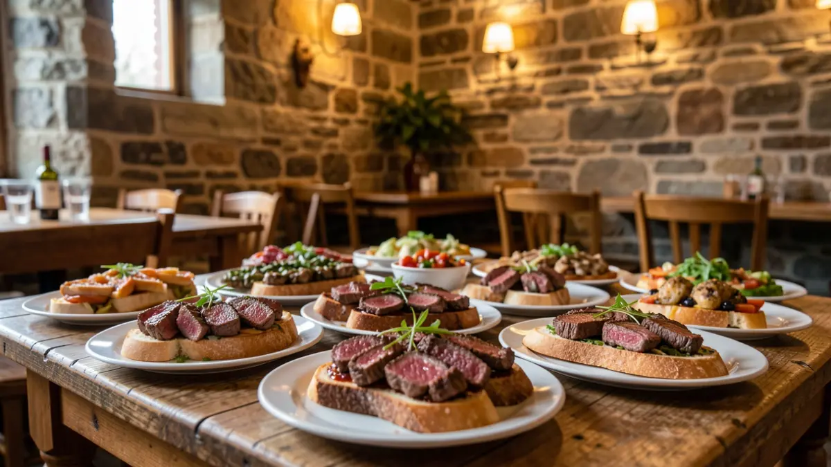 Imagen genérica de tapas de carne de buey en un establecimiento tradicional gallego.
