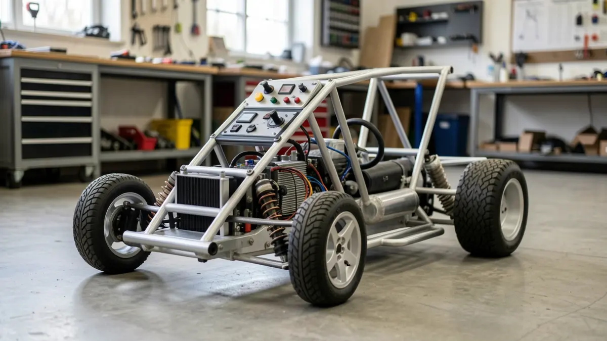 Imaxe dun prototipo de kart de carreiras eléctrico de baixo custo en proceso de construción.