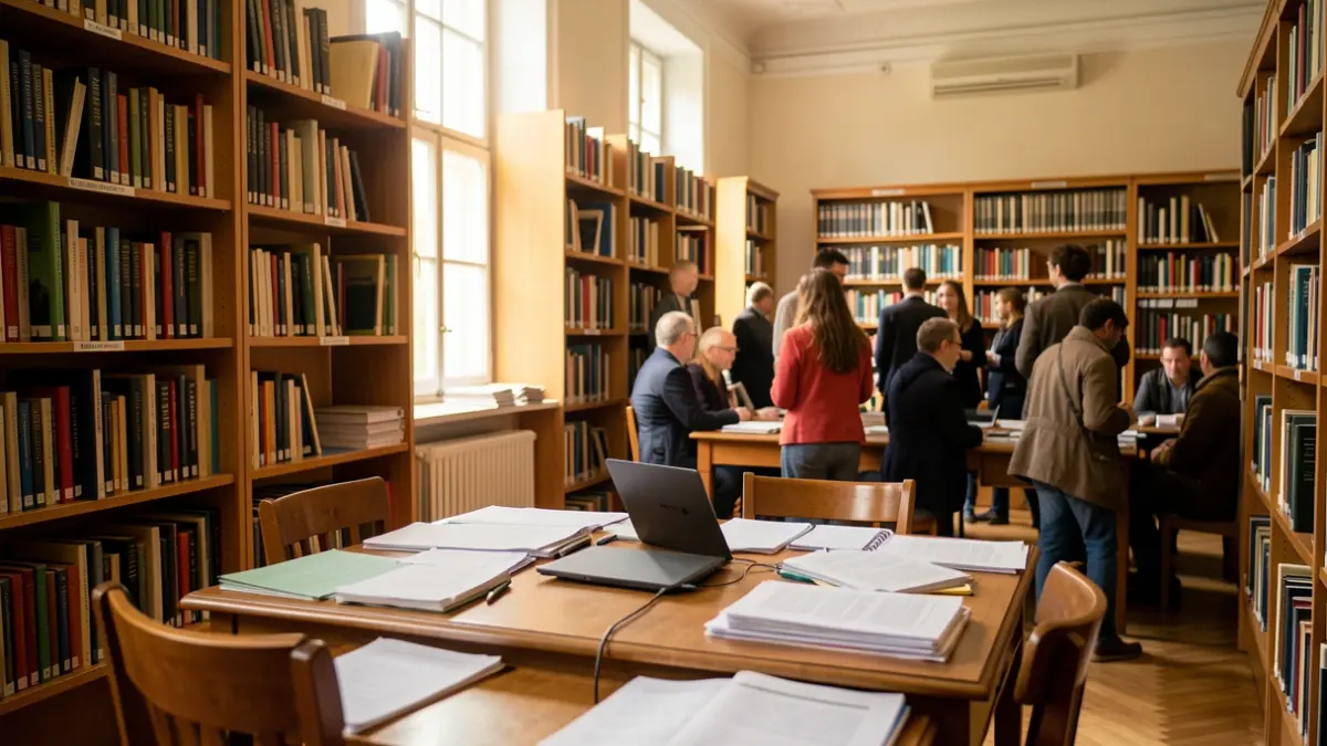 Imagen genérica de una biblioteca universitaria con libros y material de estudio.