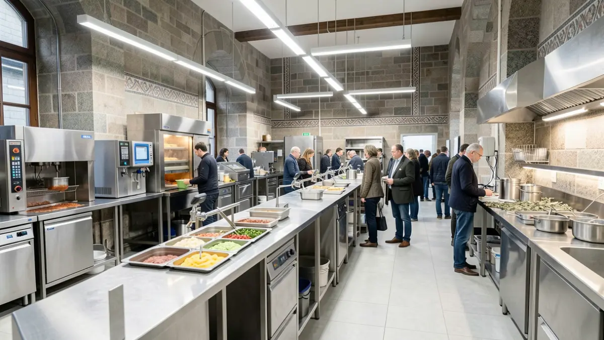 Interior dun centro de transformación alimentaria moderno e ben iluminado con equipamento de aceiro inoxidable e superficies de traballo, mostrando diferentes etapas de procesamento de alimentos. Enfoque no ambiente limpo e organizado. Elementos arquitectónicos rexionais galegos integrados sutilmente no fondo, como texturas de granito ou patróns tradicionais. Estilo de fotografía documental.