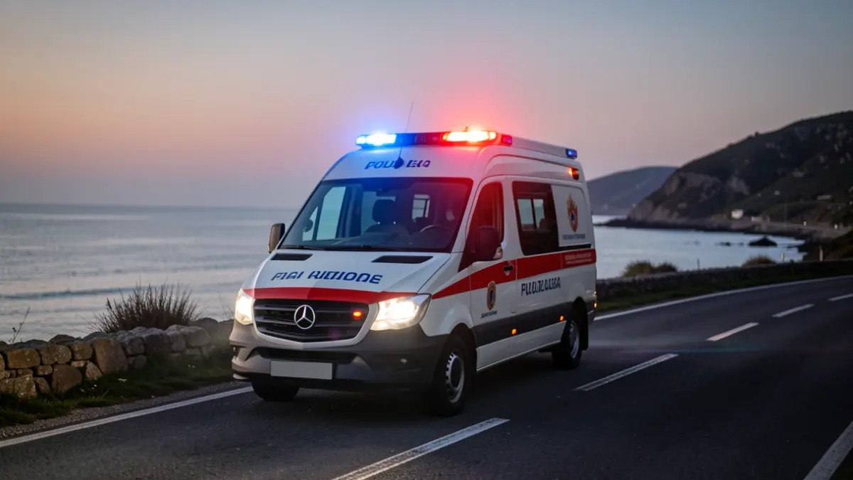 Imagen de una ambulancia medicalizada con las luces de emergencia encendidas en una carretera costera de Galicia al atardecer.