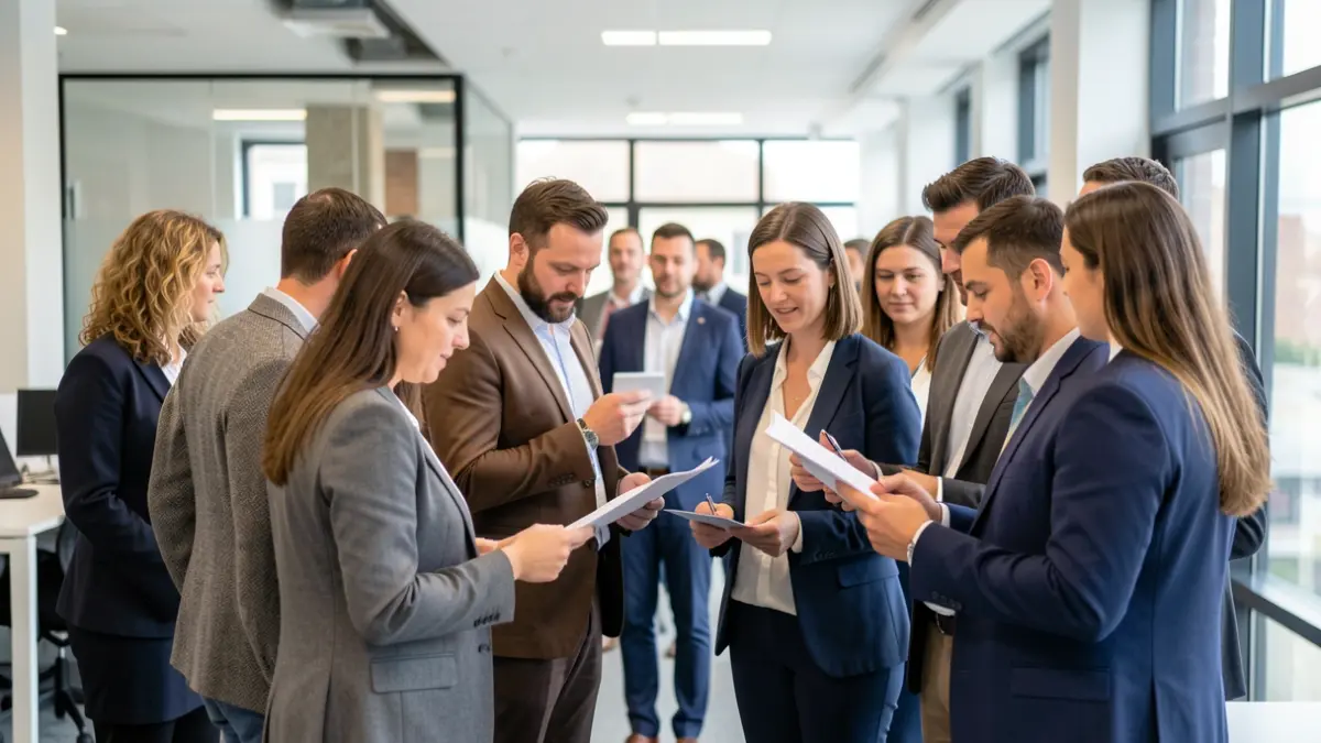 Imaxe xenérica de persoas en formación profesional nunha oficina moderna.
