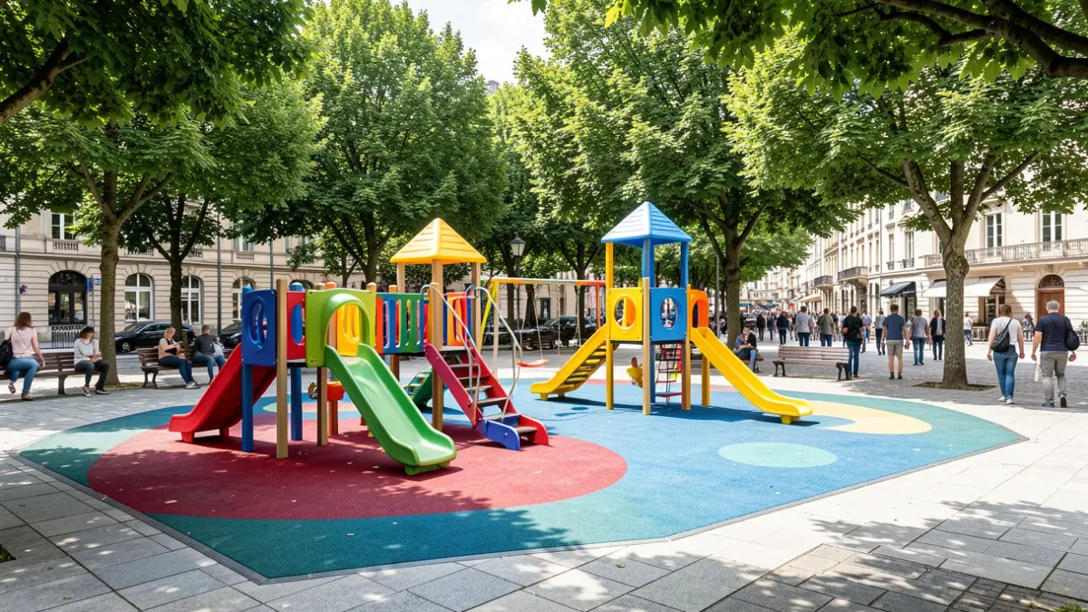 Imagen de un parque infantil moderno y colorido en la plaza de Pontevedra, A Coruña.