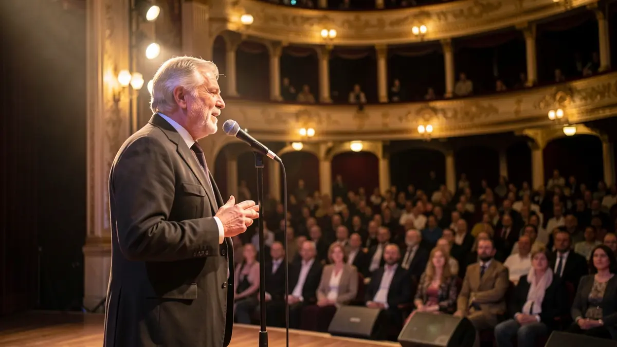 Imagen de un cantante actuando en un teatro con focos de luz y público difuminado al fondo.
