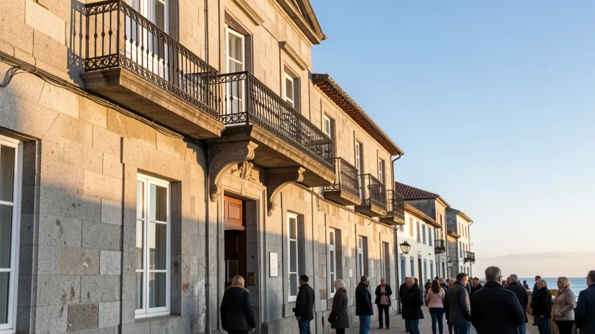 Imaxe xenérica dun concello galego de granito con balcón ornamentado e varanda de ferro, baixo a luz do sol da tarde.