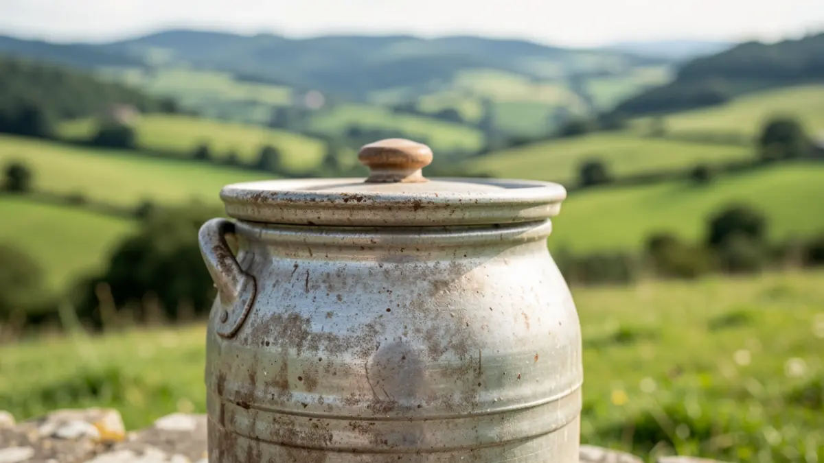 Imagen genérica de recipientes de leche en entorno rural gallego.