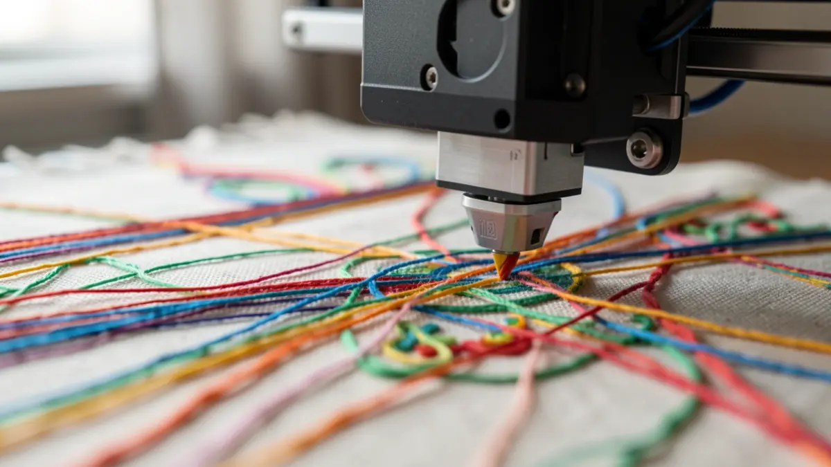 Primeira plana dunha impressora 3D creando deseños sobre tecido.