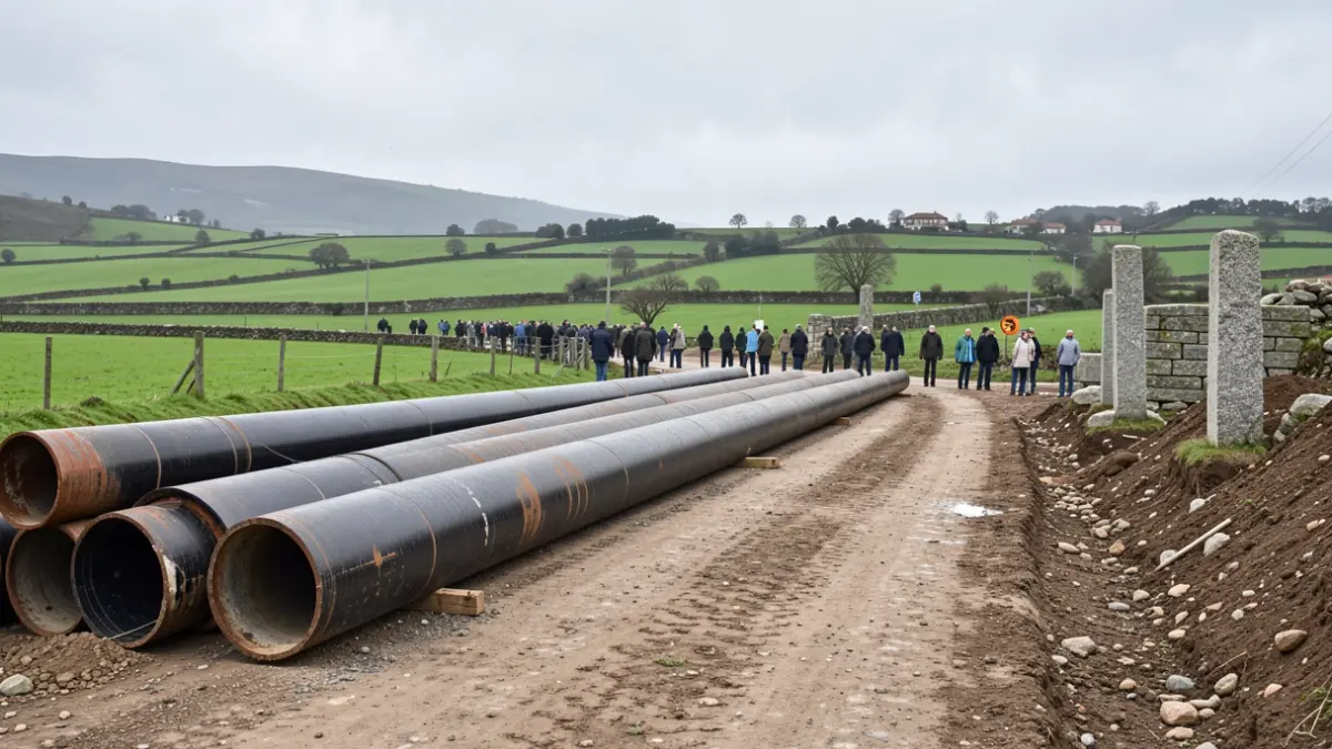 Imaxe xenérica de obras en Galicia con tubaxes e paisaxe rural.