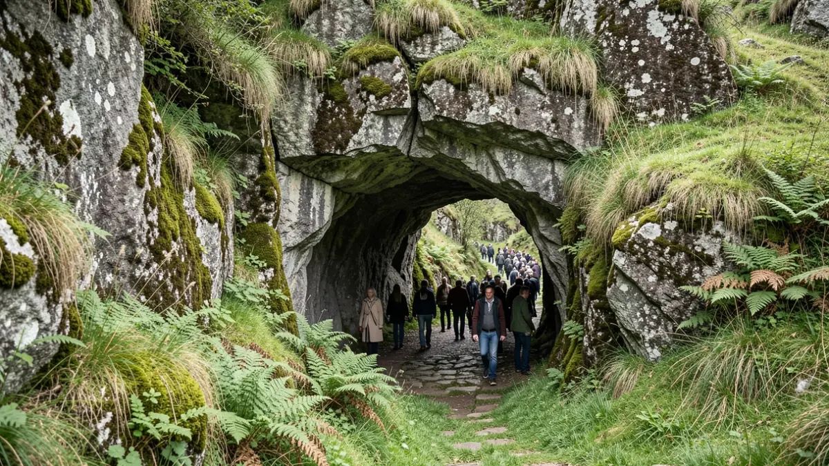 Imagen genérica de una entrada de cueva antigua en una ladera rocosa con vegetación.