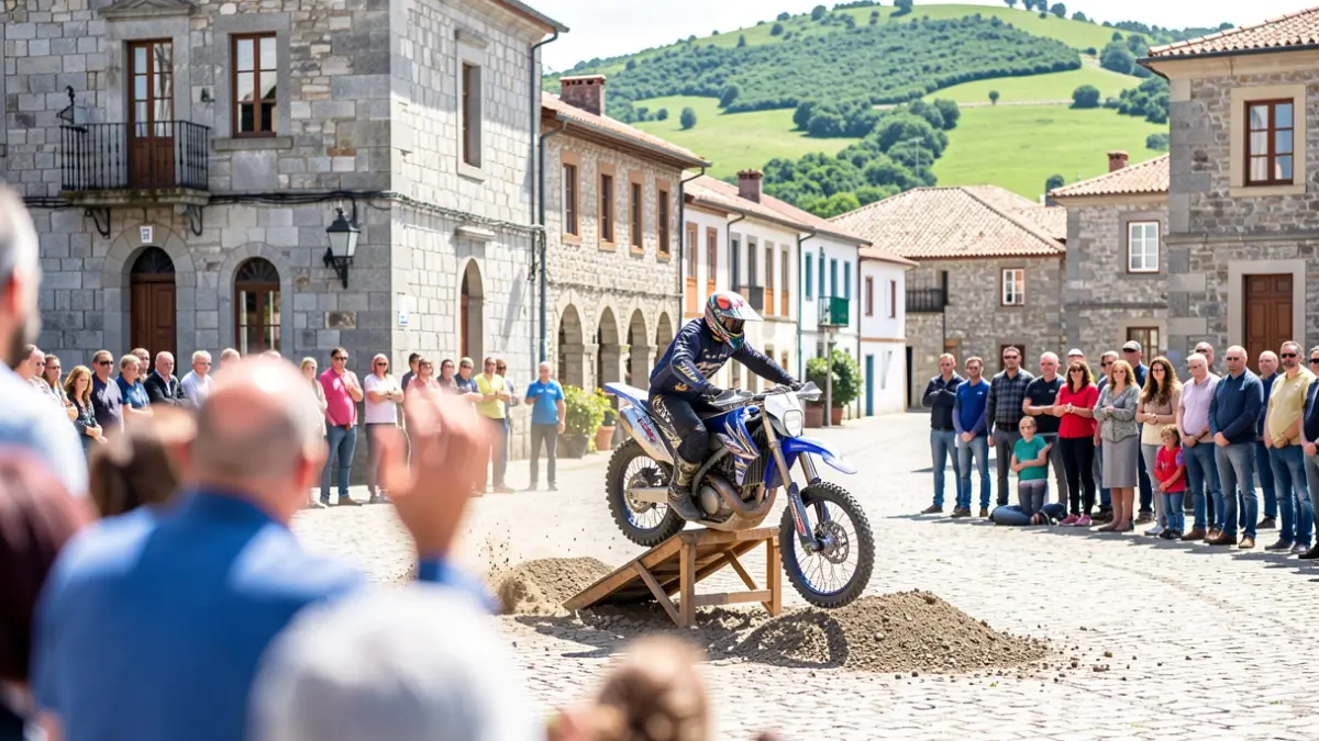 Imagen de un evento de trial de motociclismo en Arteixo, con arquitectura de granito y gente observando.