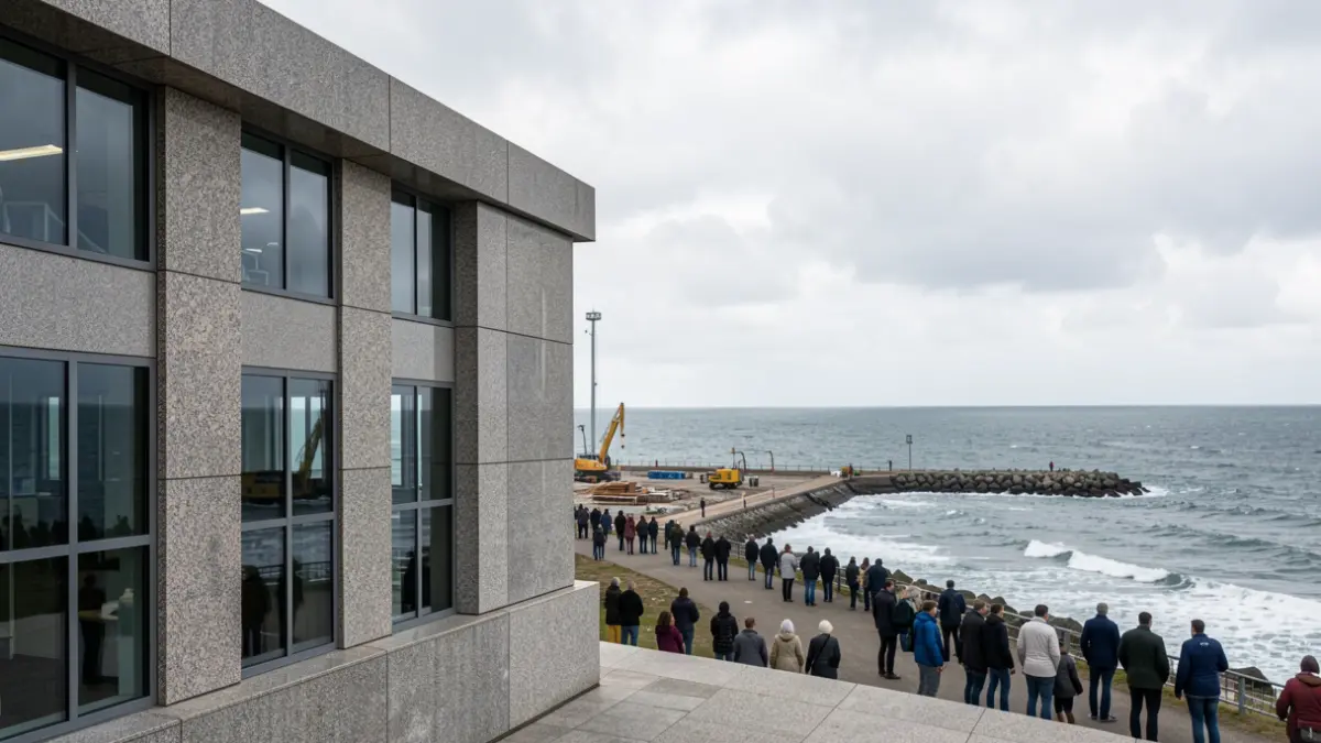Imaxe xenérica dun edificio portuario de granito con vistas ao mar.